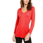 INC International Concepts Top feminino com decote em V e detalhes brilhantes, vermelho, tamanho pequeno