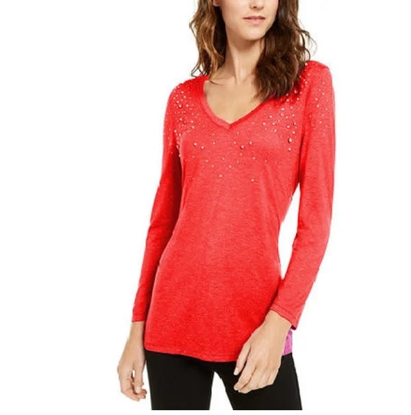 INC International Concepts Top feminino com decote em V e detalhes brilhantes, vermelho, tamanho pequeno
