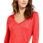 INC International Concepts Top feminino com decote em V e detalhes brilhantes, vermelho, tamanho pequeno