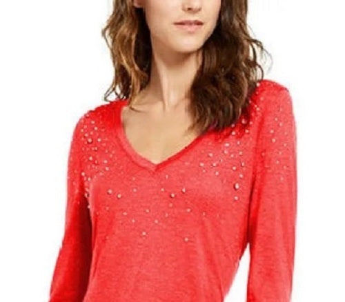 INC International Concepts Top feminino com decote em V e detalhes brilhantes, vermelho, tamanho pequeno
