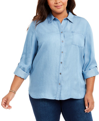 Camisa de botões feminina plus size estilo &amp; co chambray azul tamanho extra grande