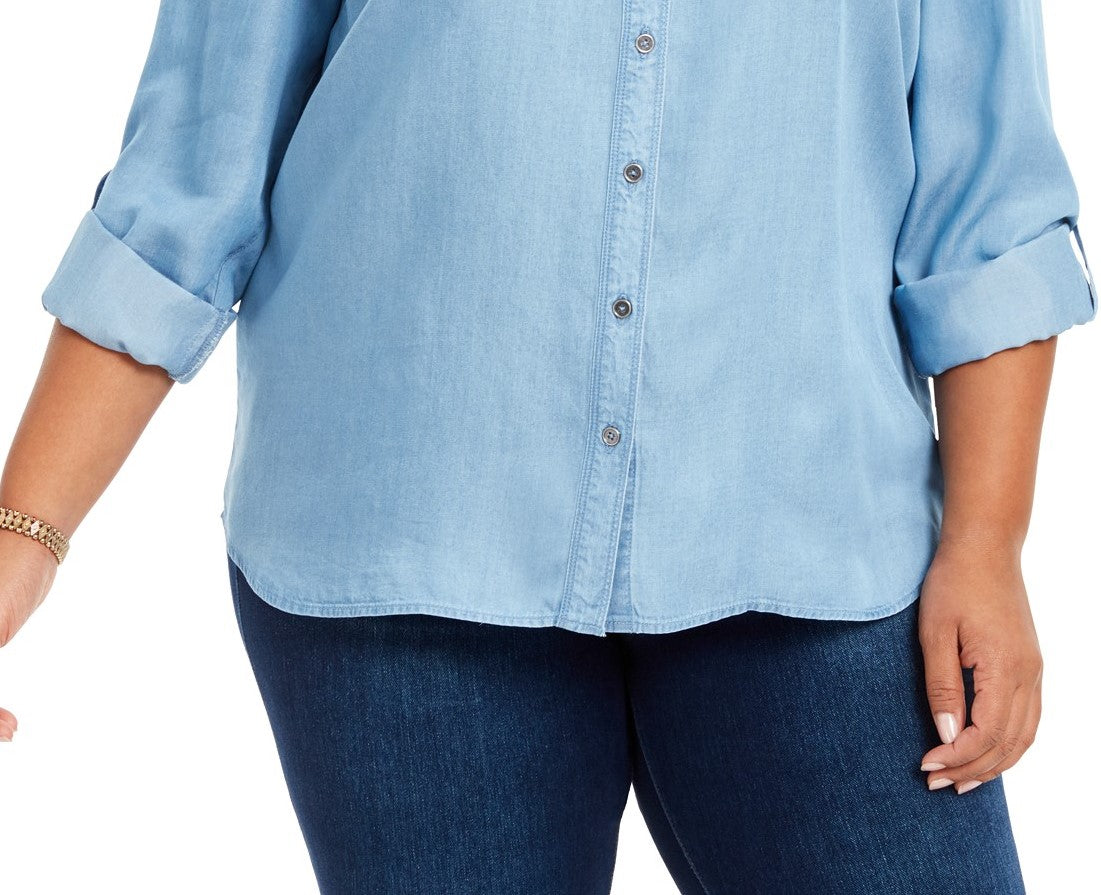 Camisa de botões feminina plus size estilo &amp; co chambray azul tamanho extra grande