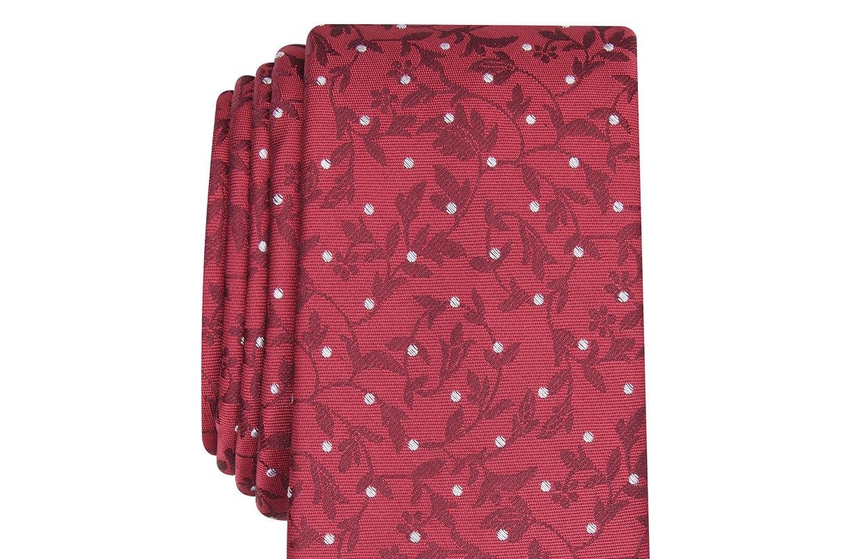 Gravata masculina Bar III Iris Skinny Floral Dot vermelha tamanho regular