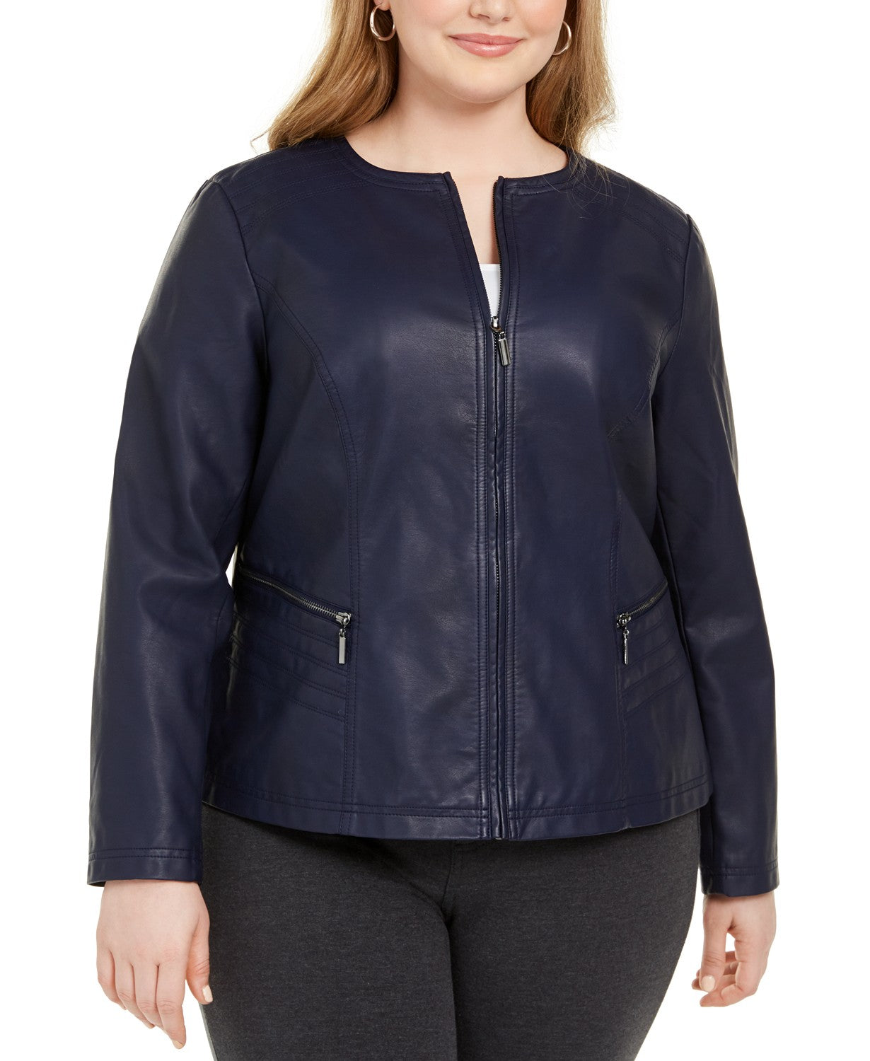 Jaqueta Alfani Plus Size Feminina de Couro Sintético com Zíper Azul Tamanho 3 Extra Grande