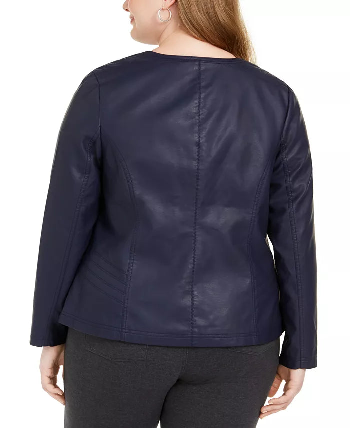 Jaqueta Alfani Plus Size Feminina de Couro Sintético com Zíper Azul Tamanho 3 Extra Grande
