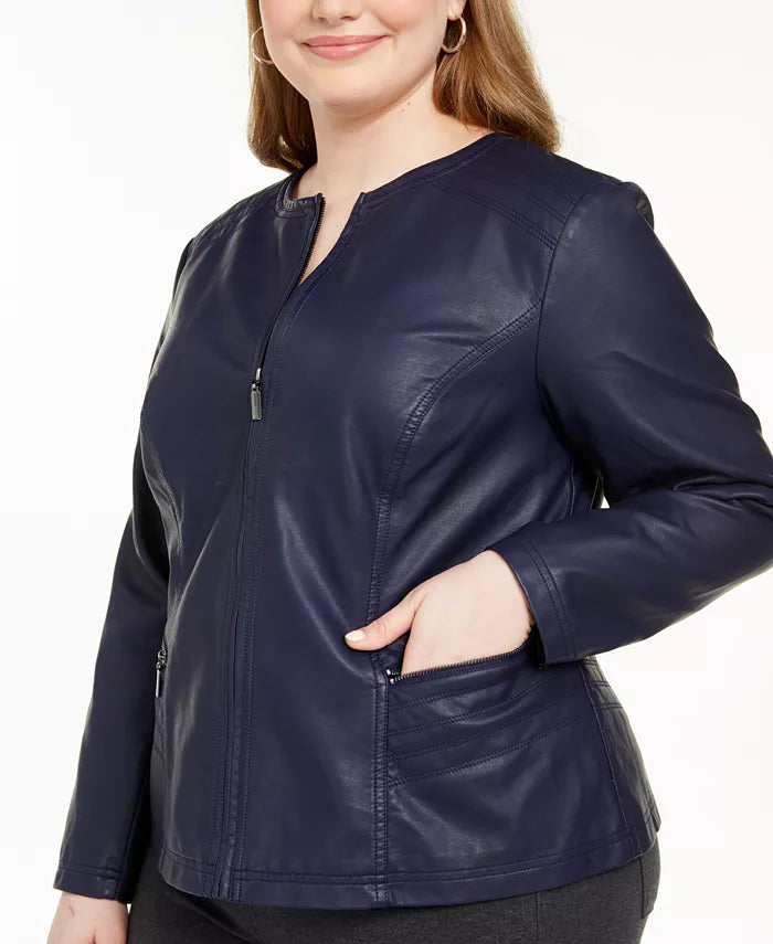 Jaqueta Alfani Plus Size Feminina de Couro Sintético com Zíper Azul Tamanho 3 Extra Grande