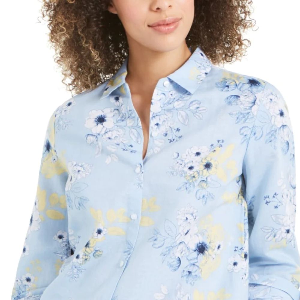Camisa feminina Charter Club com estampa floral em mistura de linho, azul, tamanho pequeno
