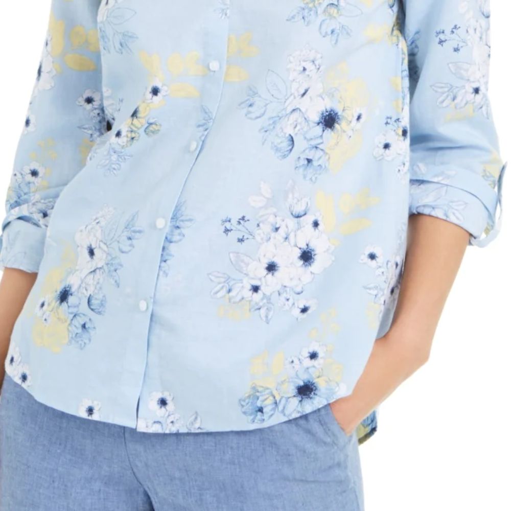 Camisa feminina Charter Club com estampa floral em mistura de linho, azul, tamanho pequeno