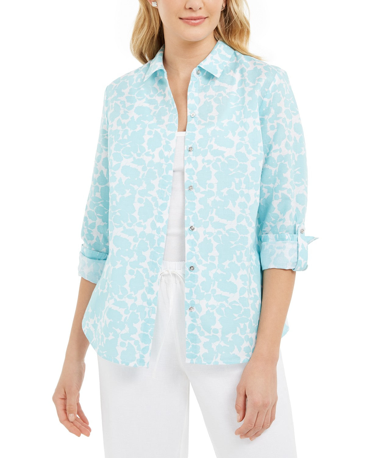 Camisa feminina Charter Club com estampa floral em mistura de linho, azul, tamanho extra grande