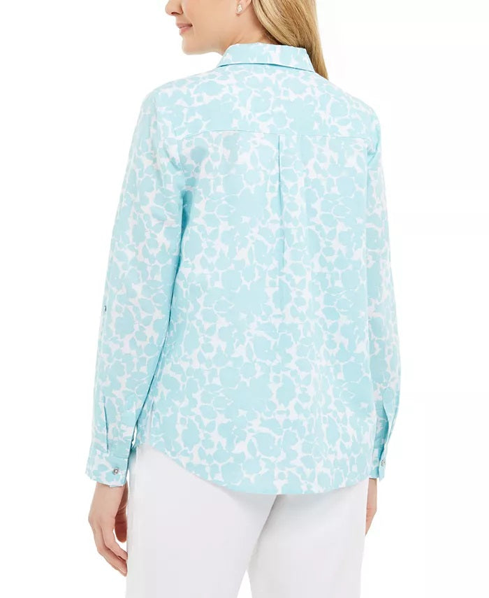 Camisa feminina Charter Club com estampa floral em mistura de linho, azul, tamanho extra grande