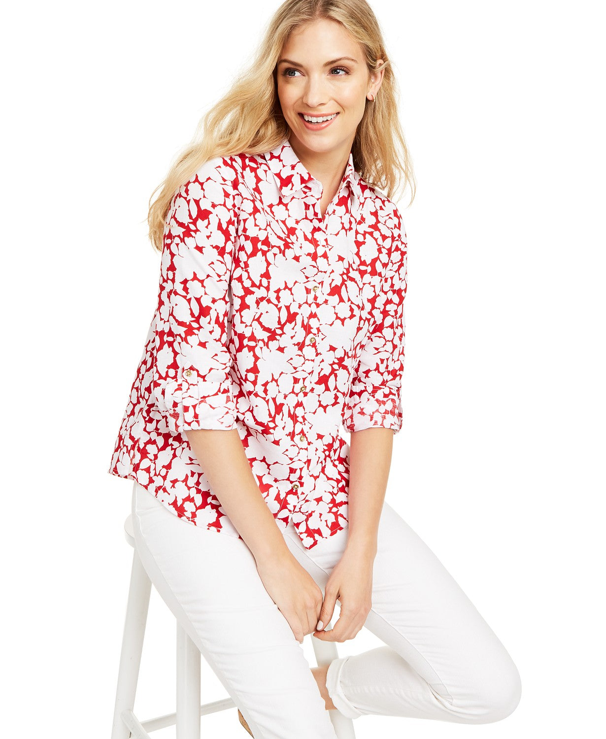 Blusa feminina Charter Club estampada, mangas enroladas, mistura de linho, vermelha, tamanho P