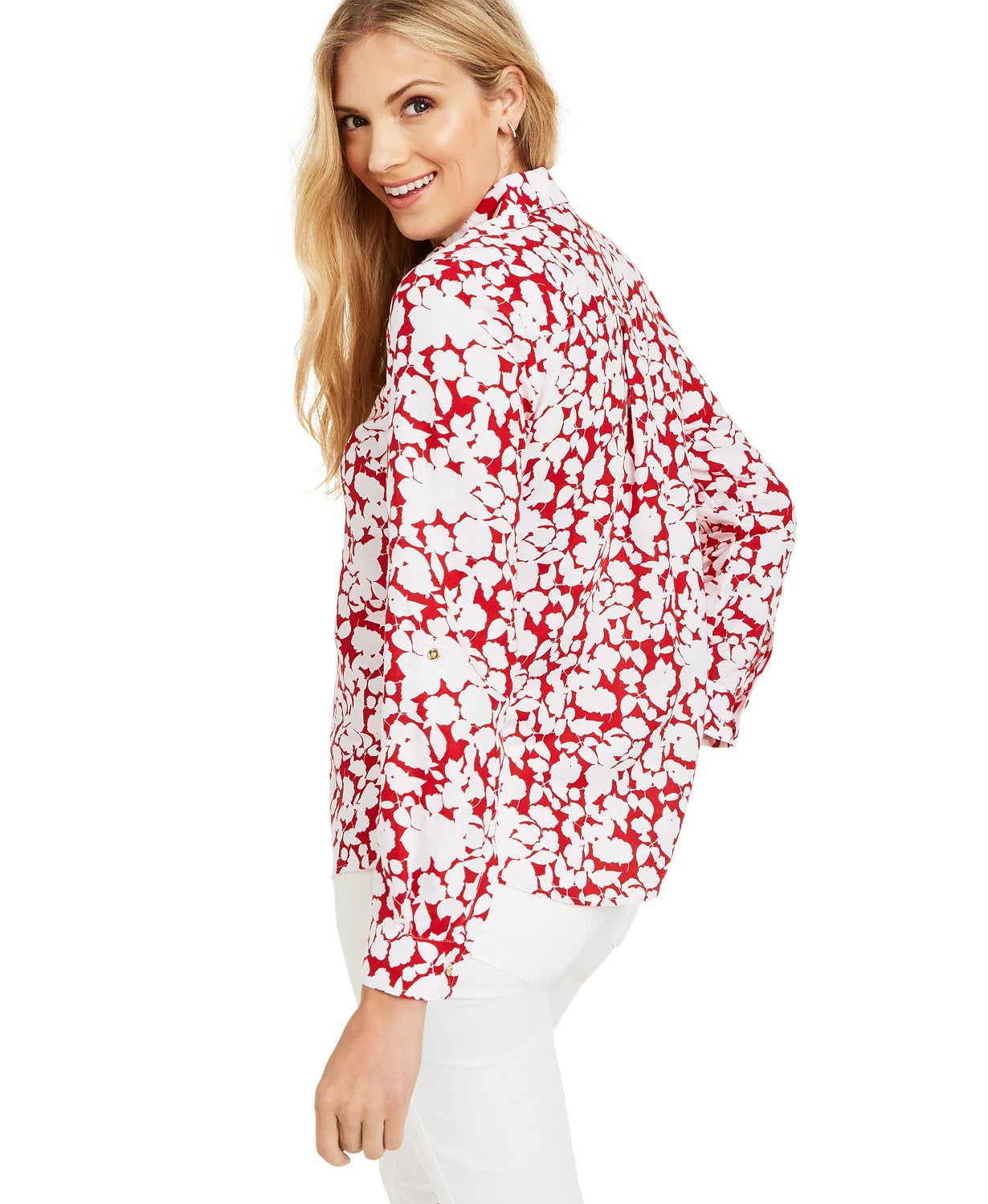 Blusa feminina Charter Club estampada com mangas enroladas em mistura de linho, vermelha, tamanho XX-G