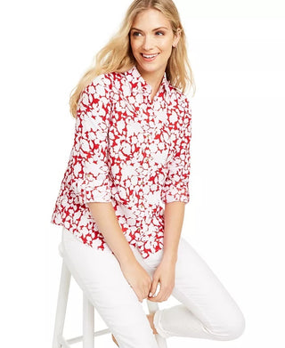 Charter Club Women's Printed Roll-Sleeve Linen-Blend Top Red Size Extra Large
