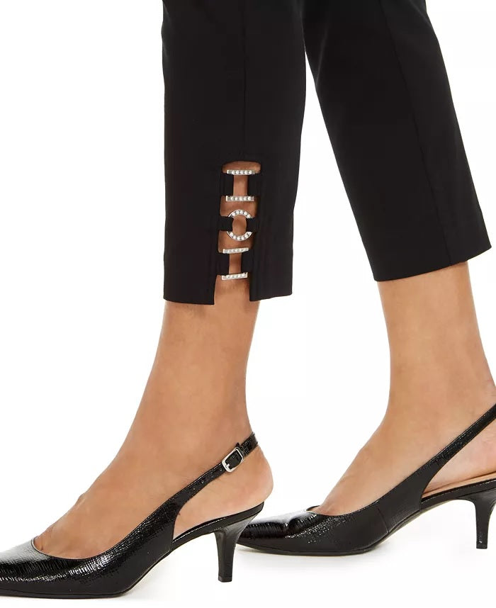 Calça feminina com controle de barriga e acabamento em hardware, preta, tamanho pequeno, da coleção JM