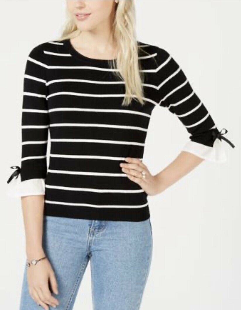 Suéter listrado feminino Maison Jules com manga bufante, preto, tamanho XX-G