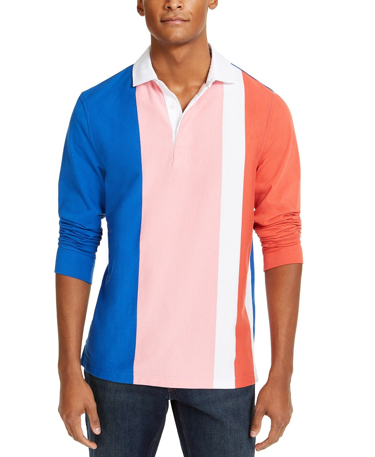 Camisa de rugby masculina com listras verticais e manga comprida, rosa, tamanho médio