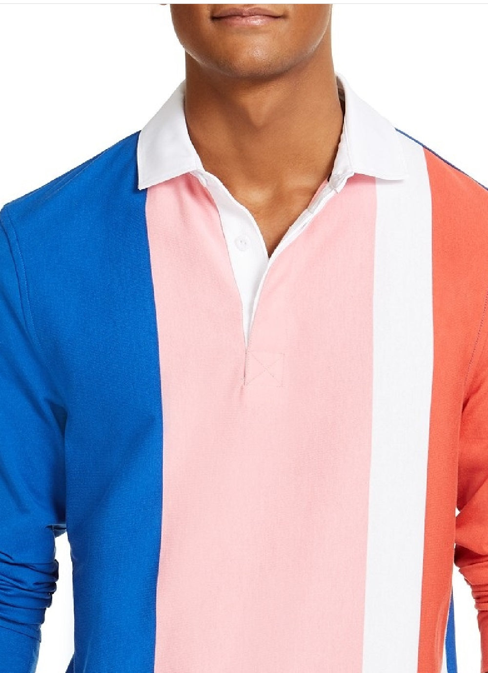 Camisa de rugby masculina com listras verticais e manga comprida, rosa, tamanho médio