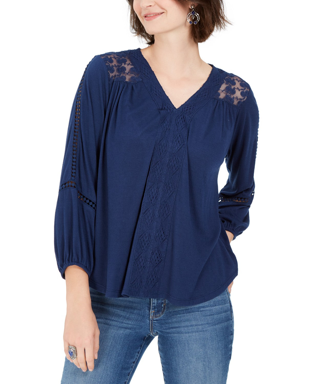 Top de crochê feminino com renda nas costas, estilo &amp; co, azul-marinho, tamanho pequeno