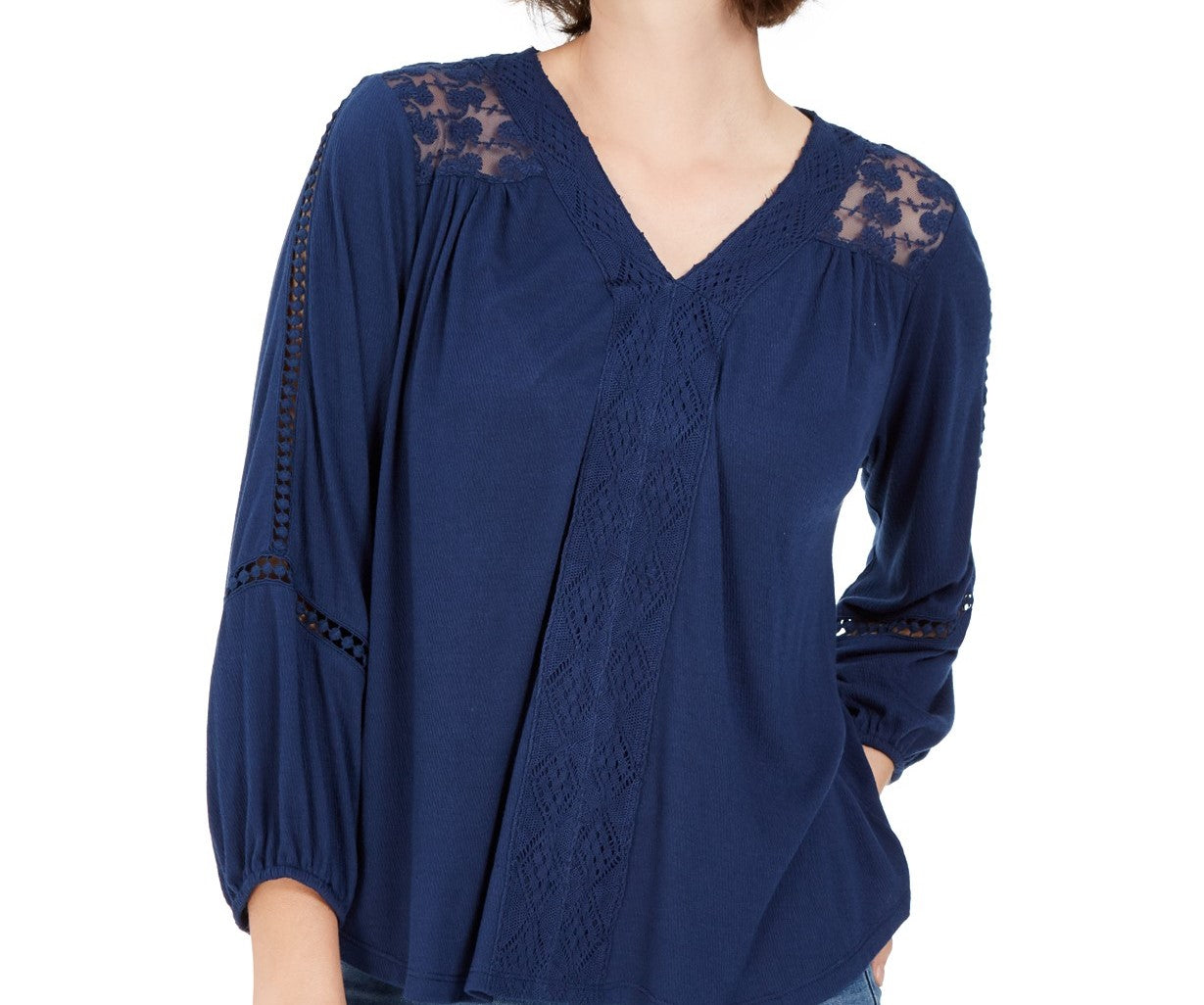 Top de crochê feminino com renda nas costas, estilo &amp; co, azul-marinho, tamanho médio