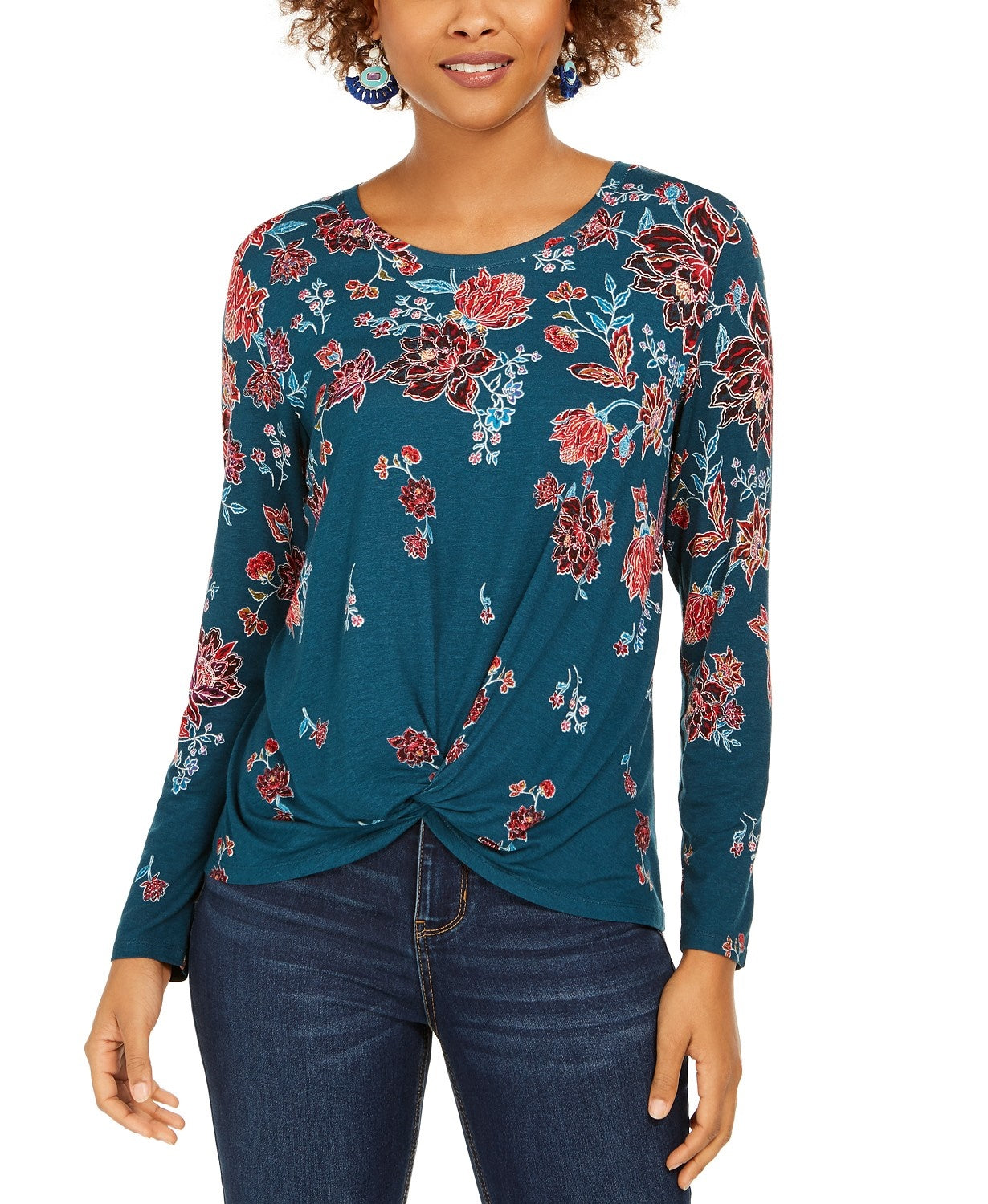 Blusa feminina com estampa floral e bainha torcida, tamanho grande, para festas e jardim, da Style &amp; Co