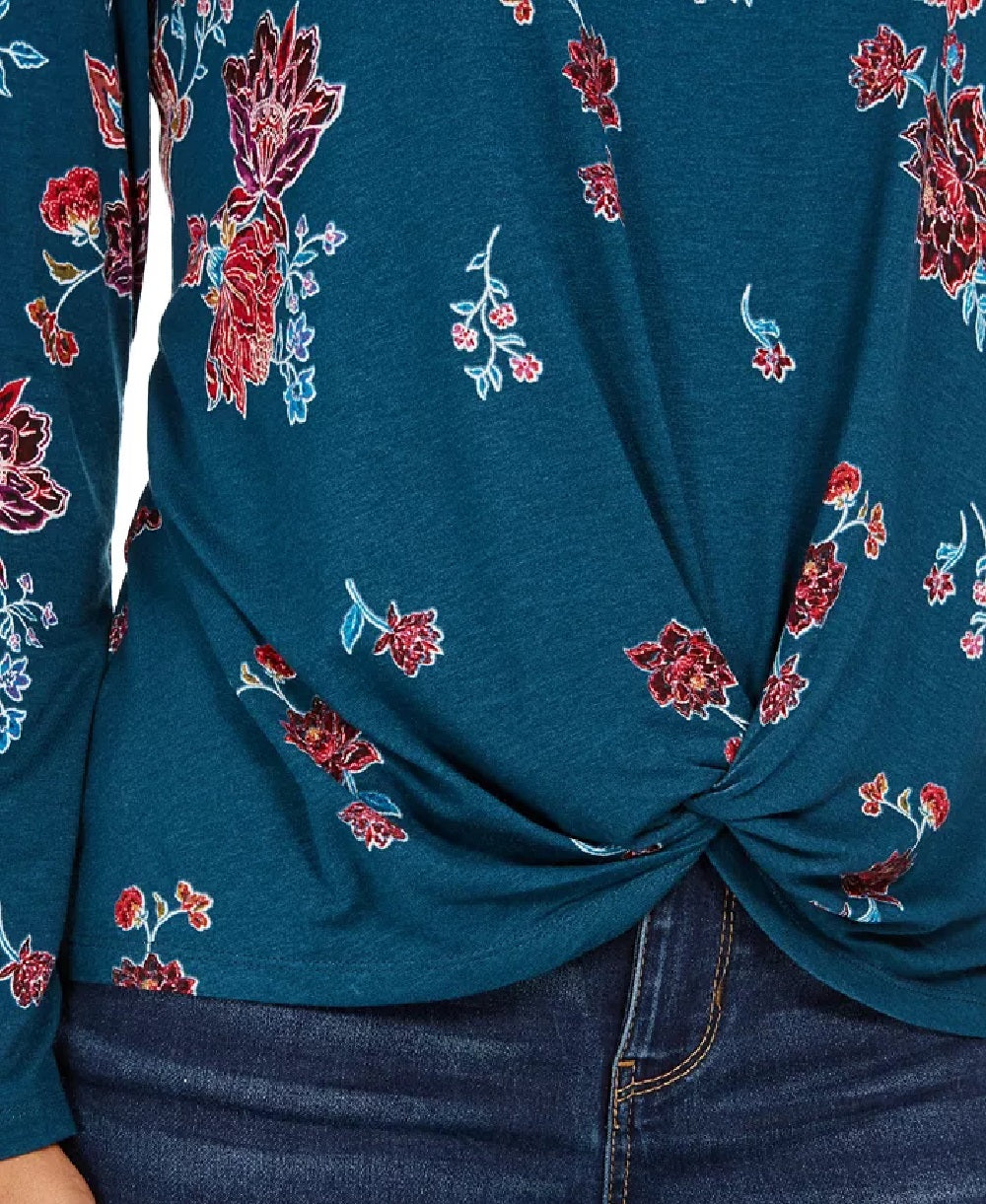 Blusa feminina com estampa floral e bainha torcida, verde, tamanho pequeno, da Style &amp; Co