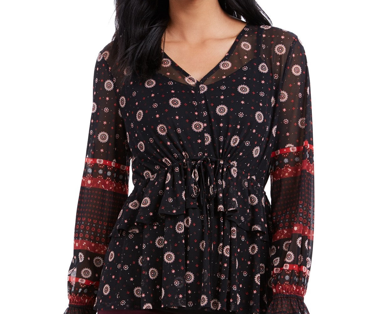 Blusa camponesa feminina com amarração na cintura, preta, tamanho pequeno, estilo Style &amp; Co