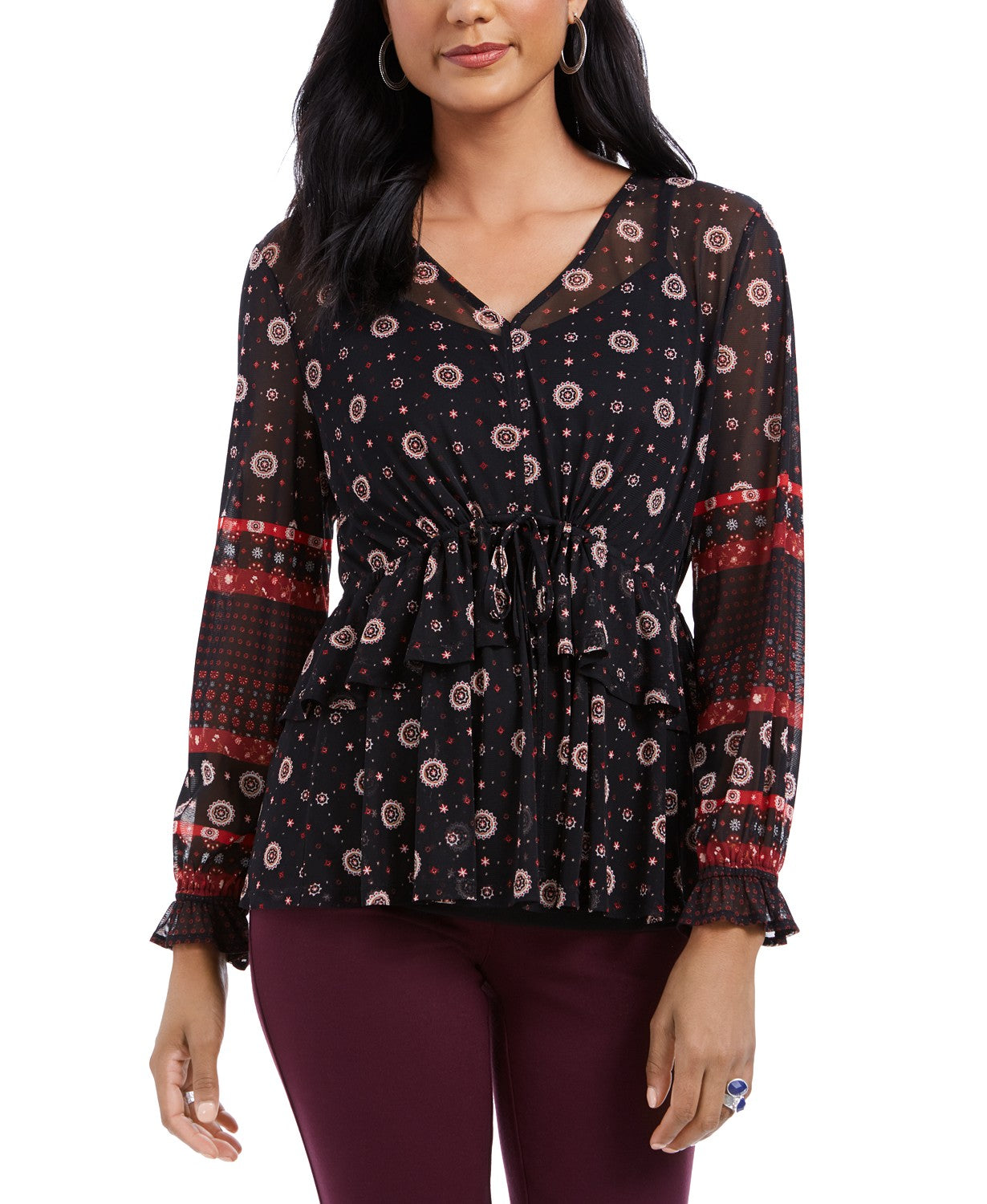 Blusa camponesa feminina com amarração na cintura, preta, tamanho médio, da Style &amp; Co