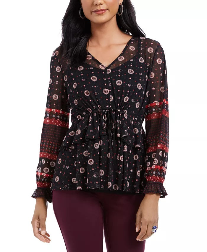 Blusa camponesa feminina estilo &amp; co com amarração na cintura, preta, tamanho GG