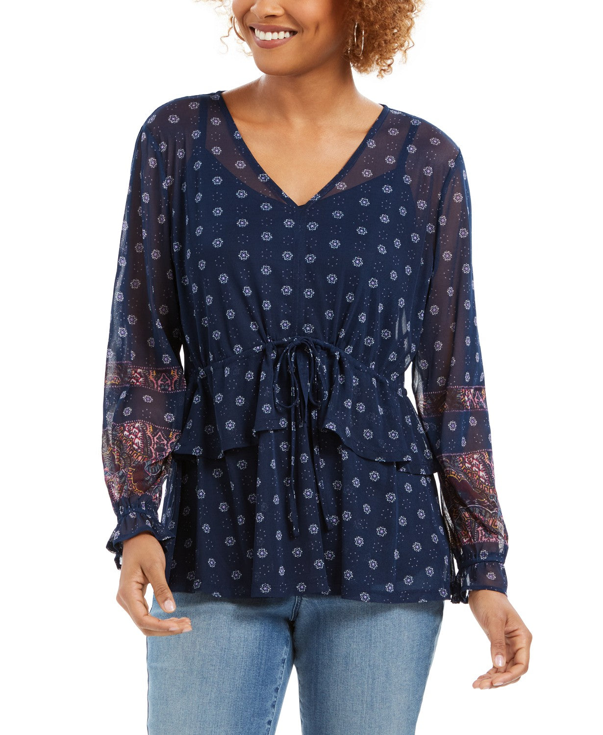 Blusa camponesa com estampa floral e amarração frontal estilo &amp; co, tamanho médio, azul-marinho