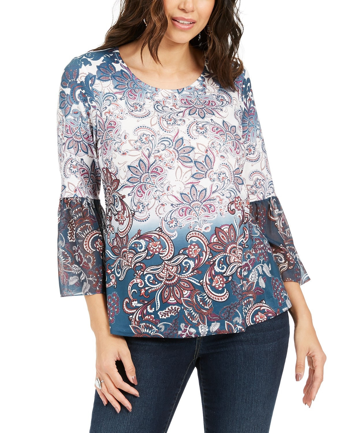 Blusa feminina estampada estilo &amp; co, manga sino, azul, tamanho pequeno