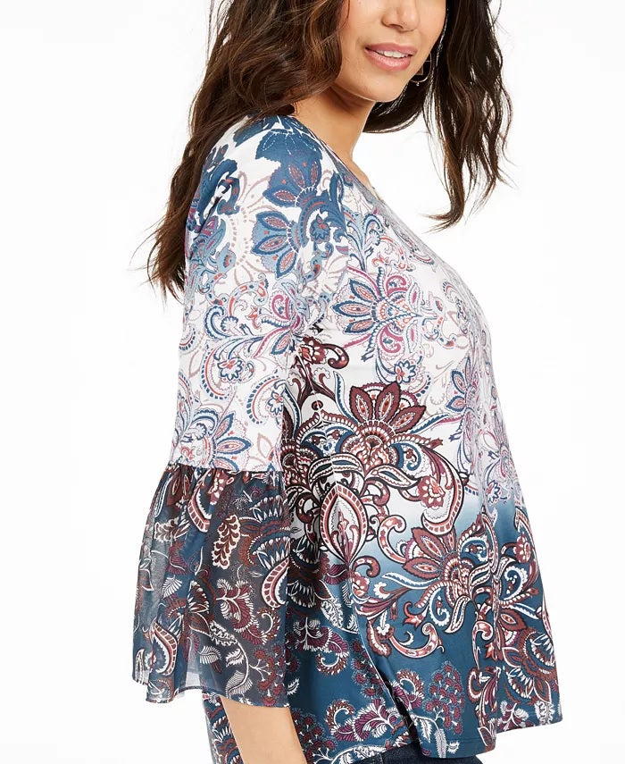 Blusa feminina estampada estilo &amp; co, manga sino, azul, tamanho pequeno