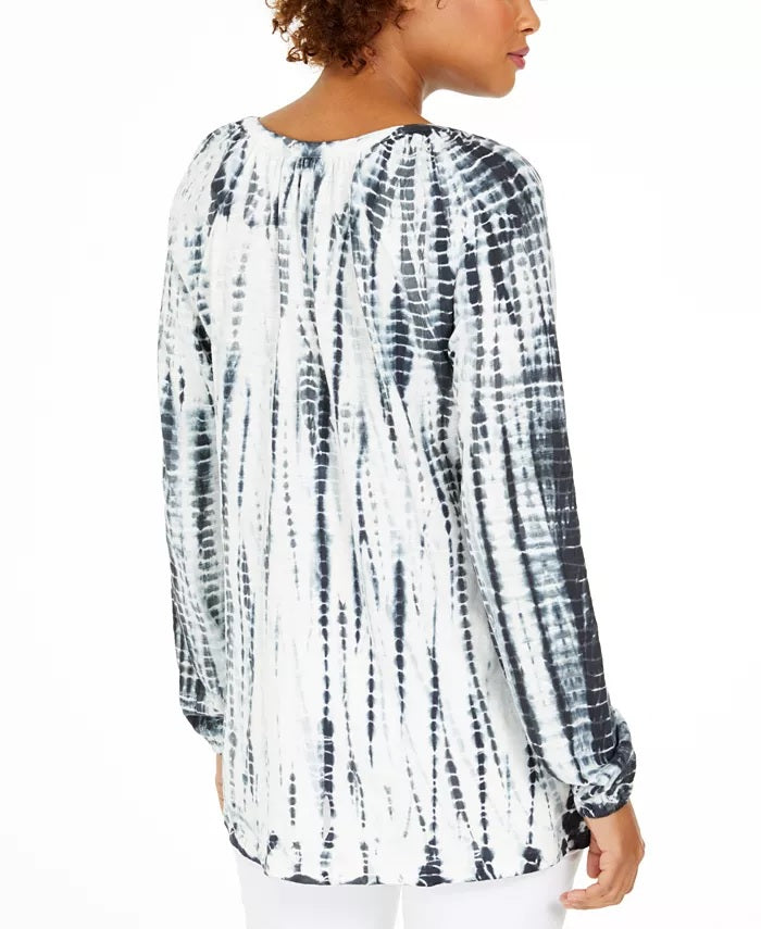 Blusa estilo camponesa com manga bufante e tie-dye, preta, tamanho X-S