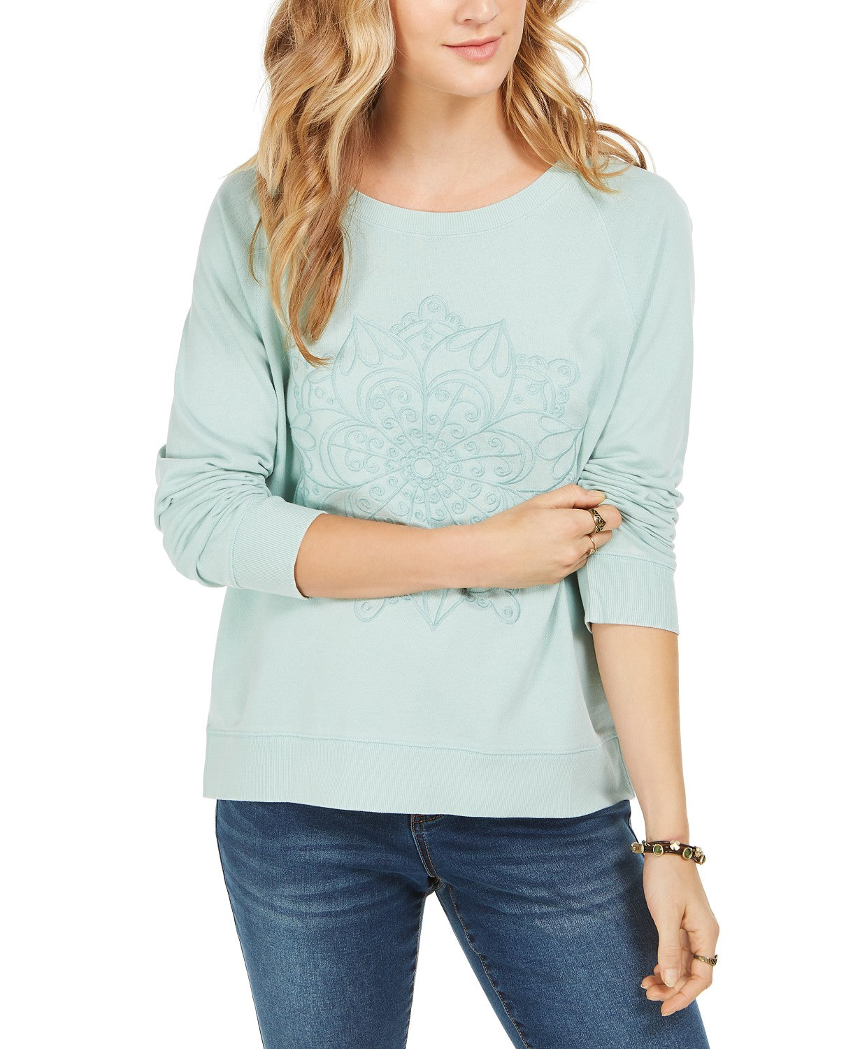 Moletom feminino de algodão bordado Style &amp; Co, verde, tamanho médio