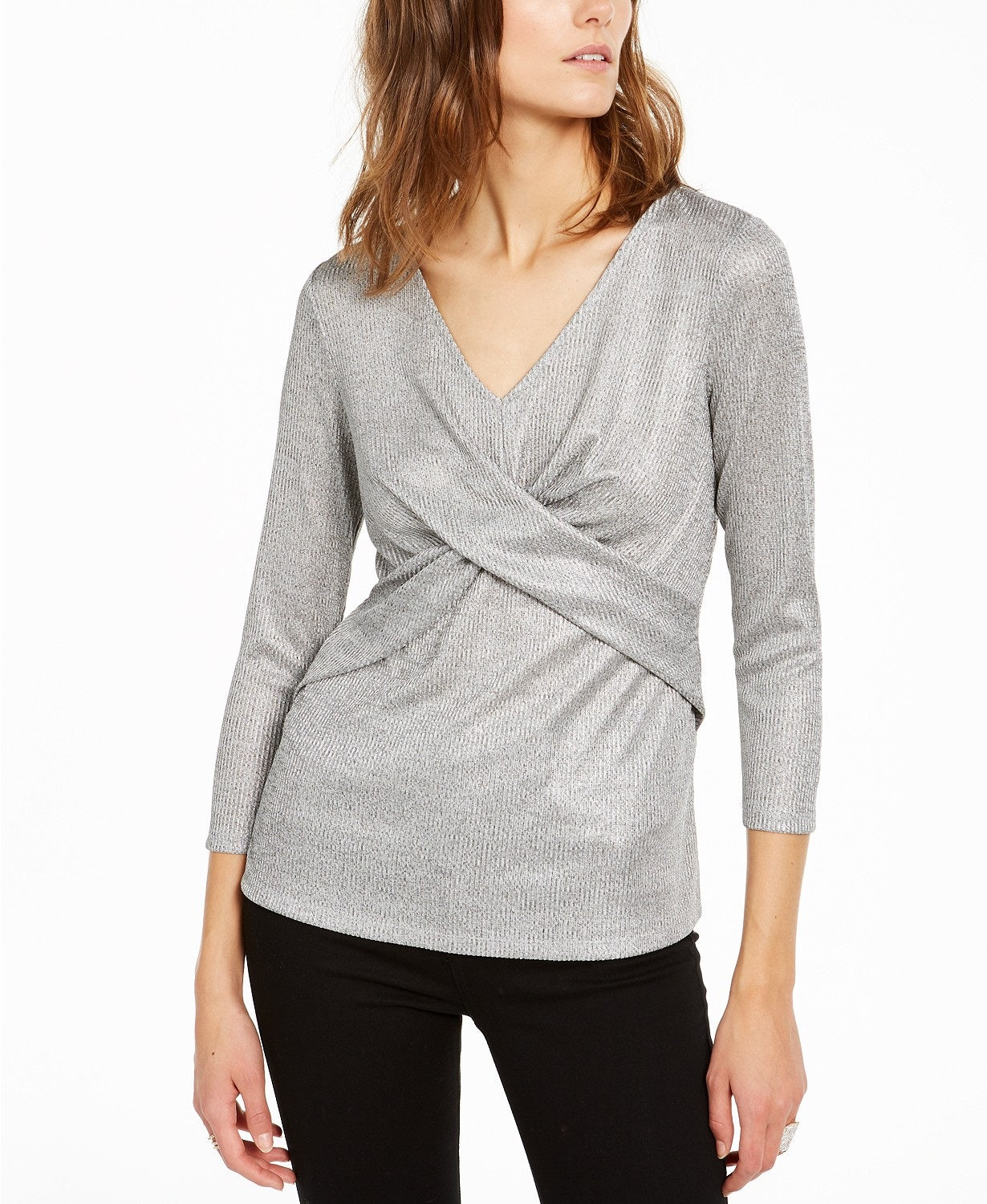 INC International Concepts Top Criss-Cross Shine Feminino Prata Tamanho Grande