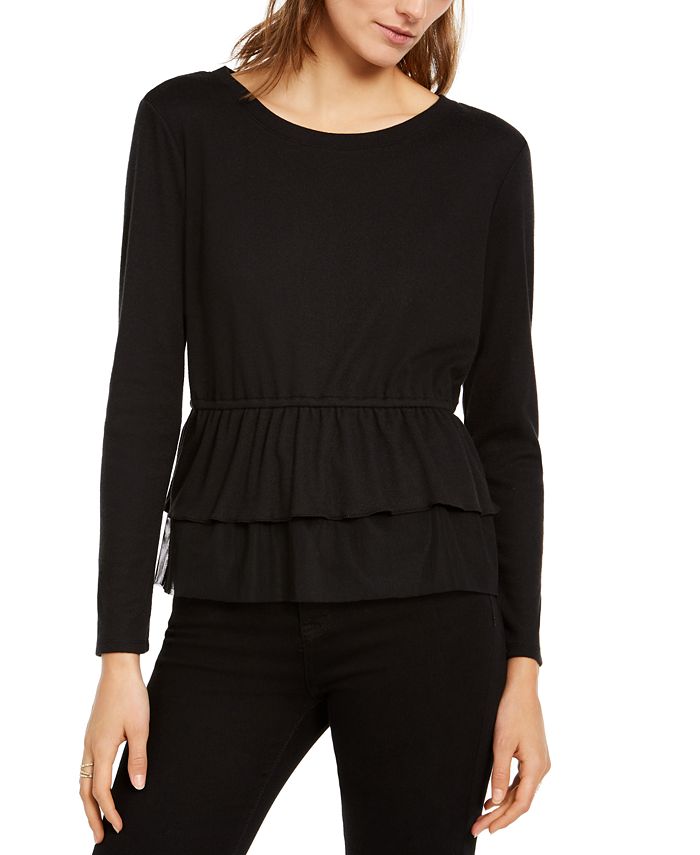 INC International Concepts  Women's Tulle Peplum Top Black Size Small