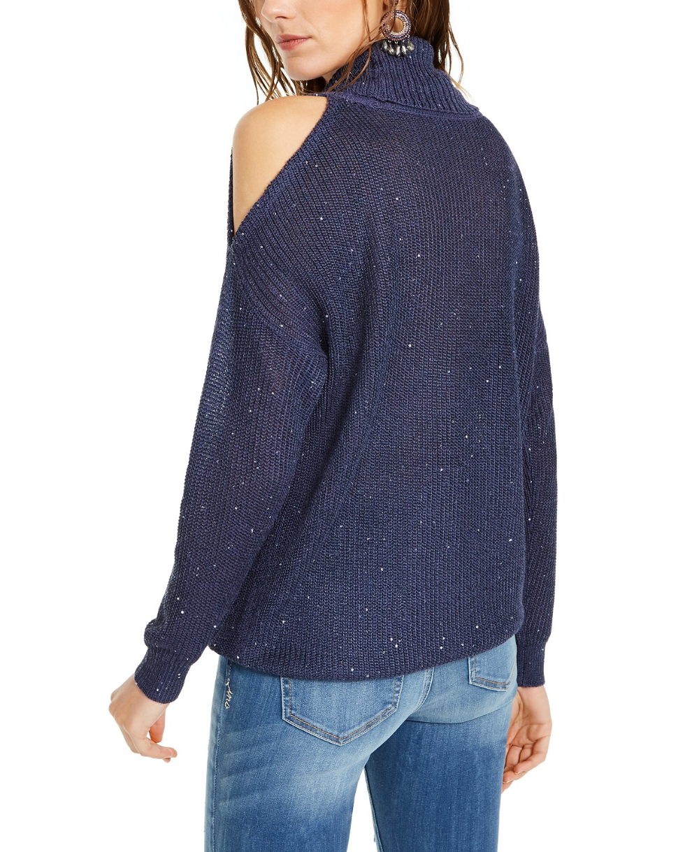 Suéter feminino de gola alta com recorte de lantejoulas da INC International Concepts, tamanho grande, azul-marinho