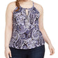 INC International Concepts Top feminino plus size estampado com decote em forma de fechadura e enfeites, azul, tamanho XX-grande