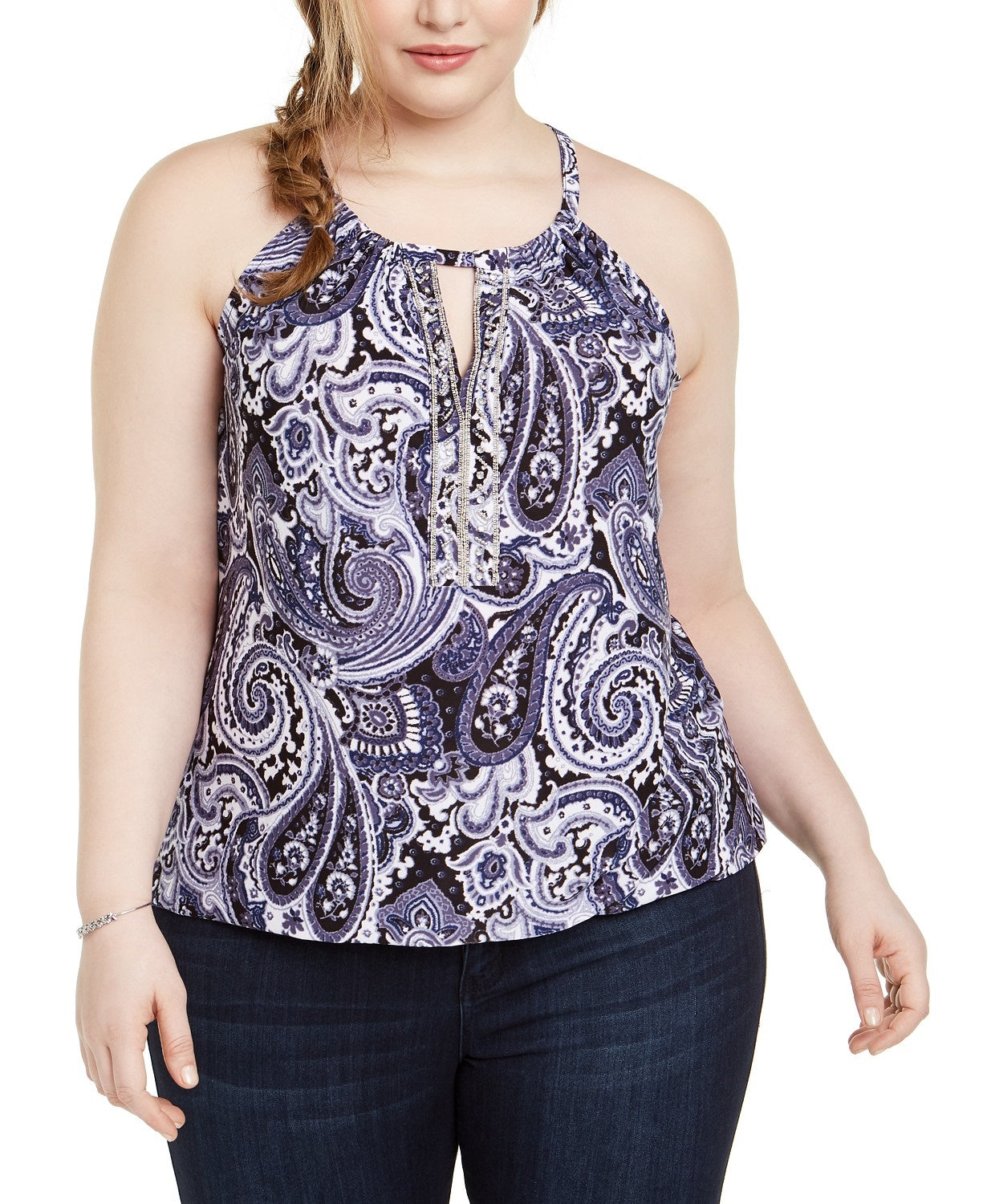 INC International Concepts Top feminino plus size estampado com decote em forma de fechadura e enfeites, azul, tamanho XX-grande