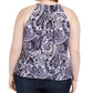 INC International Concepts Top feminino plus size estampado com decote em forma de fechadura e enfeites, azul, tamanho XX-grande