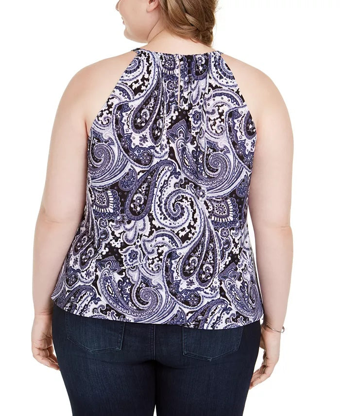 INC International Concepts Top feminino plus size estampado com decote em forma de fechadura e enfeites, azul, tamanho XX-grande