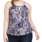 INC International Concepts Top feminino plus size estampado com decote em forma de fechadura e enfeites, azul, tamanho 0X