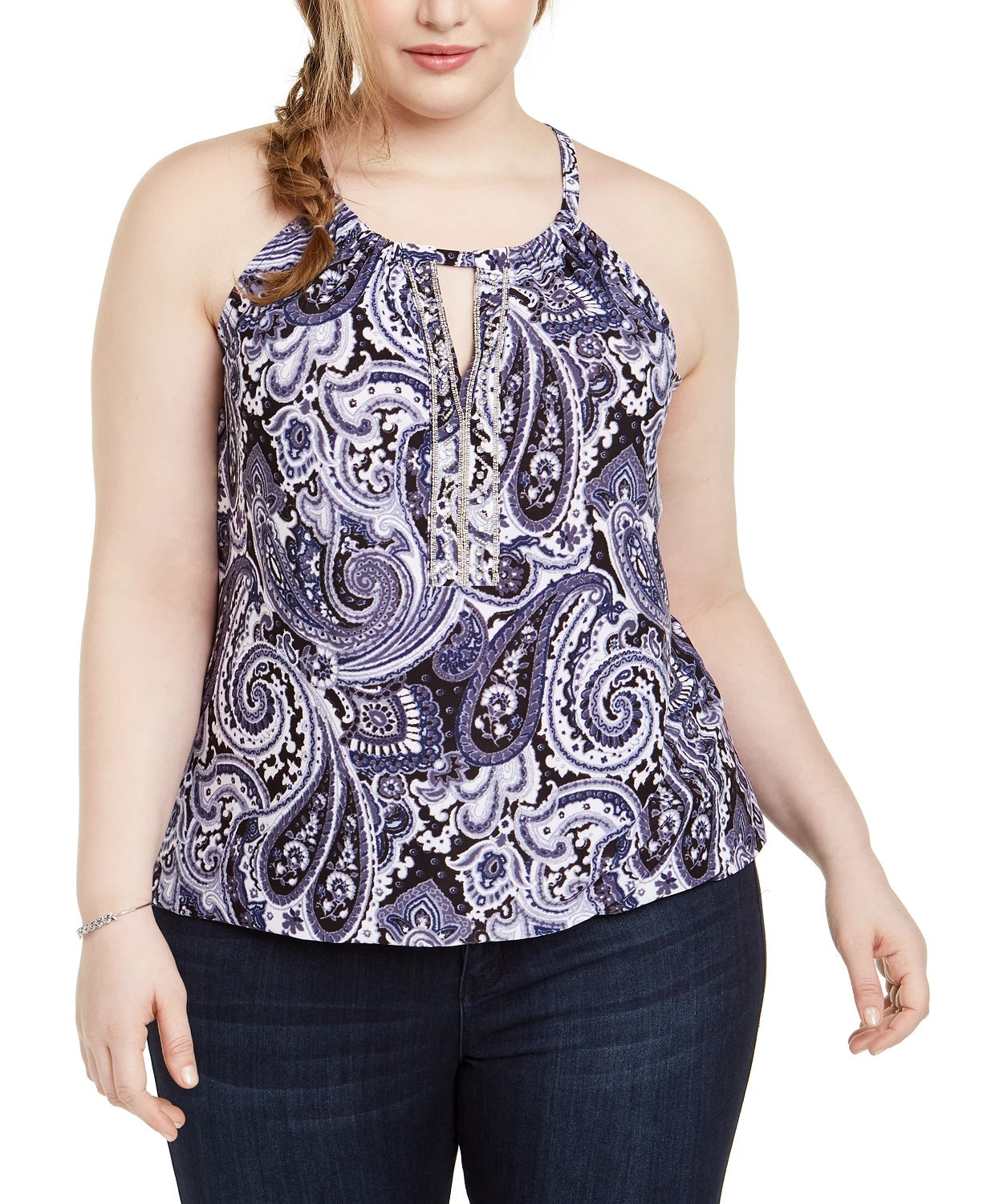 INC International Concepts Top feminino plus size estampado com decote em forma de fechadura e enfeites, azul, tamanho 0X