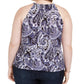 INC International Concepts Top feminino plus size estampado com decote em forma de fechadura e enfeites, azul, tamanho 0X