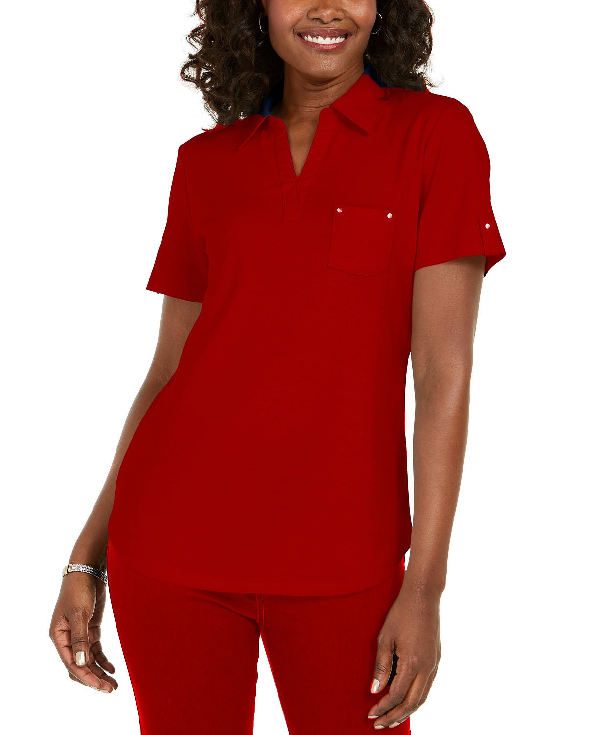 Camisa polo feminina Karen Scott de algodão vermelho brilhante, tamanho pequeno