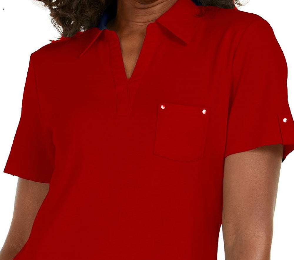 Camisa polo feminina Karen Scott de algodão vermelho brilhante, tamanho pequeno