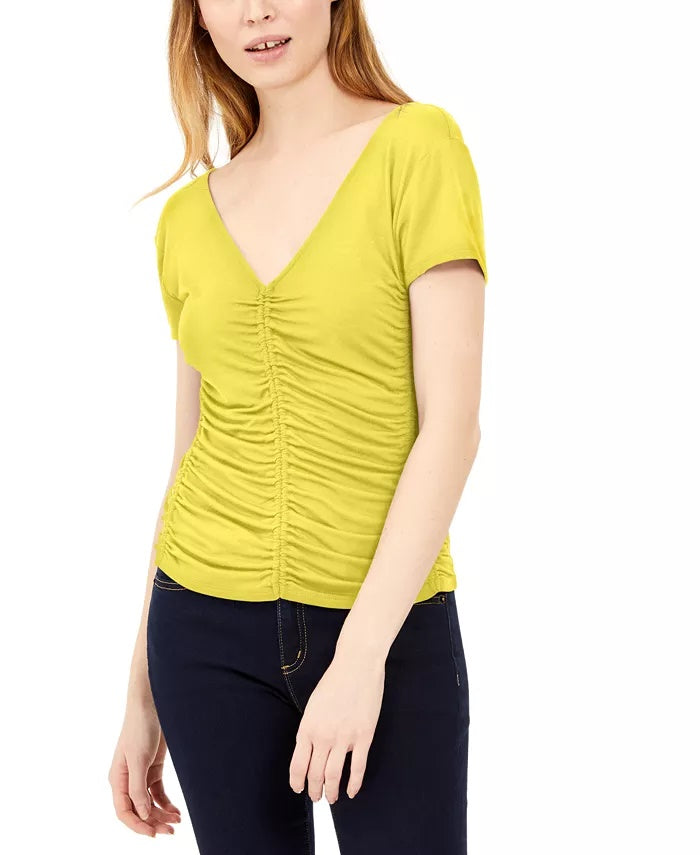 Camiseta feminina franzida INC International Concepts, amarelo escuro, tamanho X-S