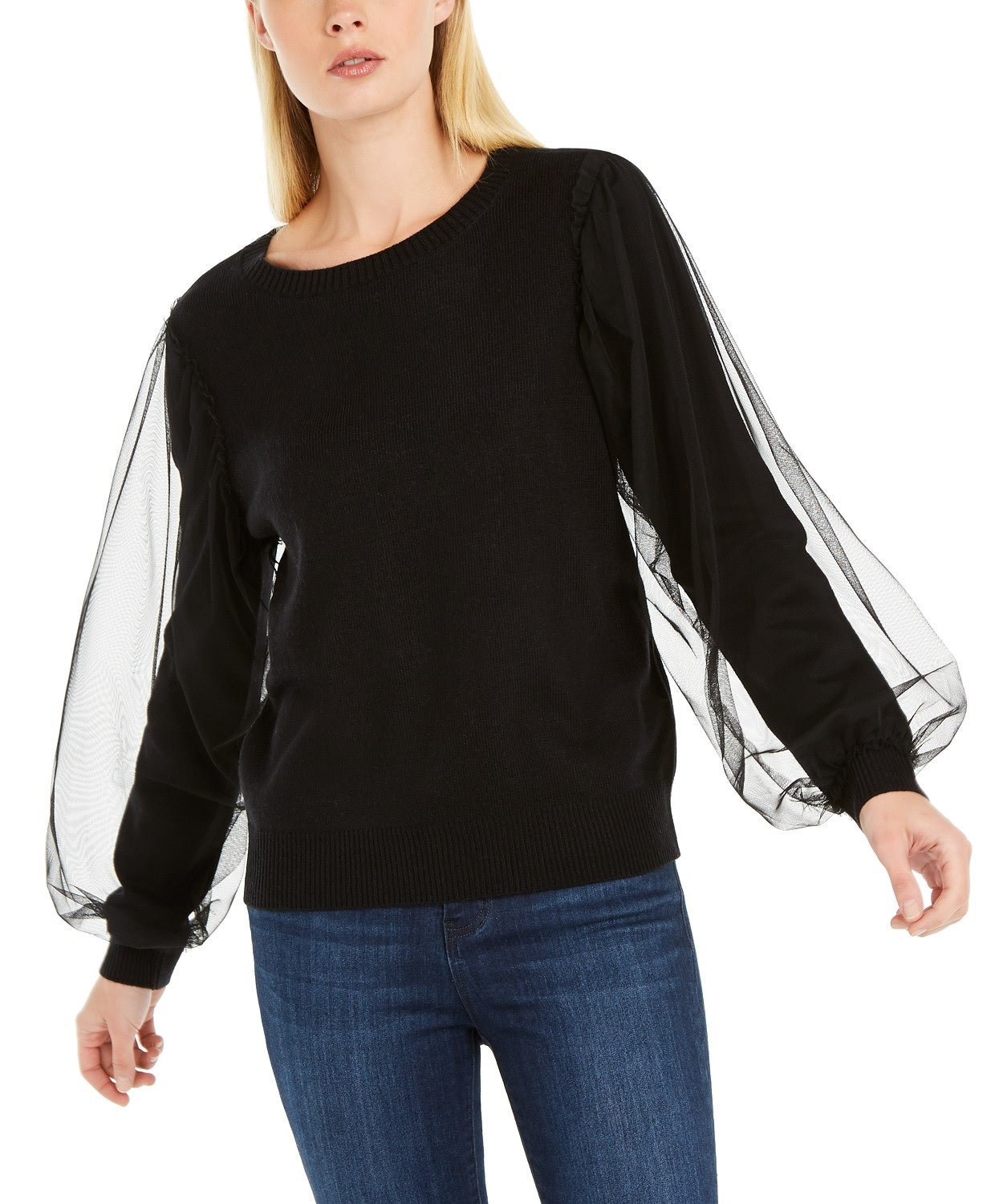 Suéter feminino de manga de tule INC International Concepts, preto, tamanho médio