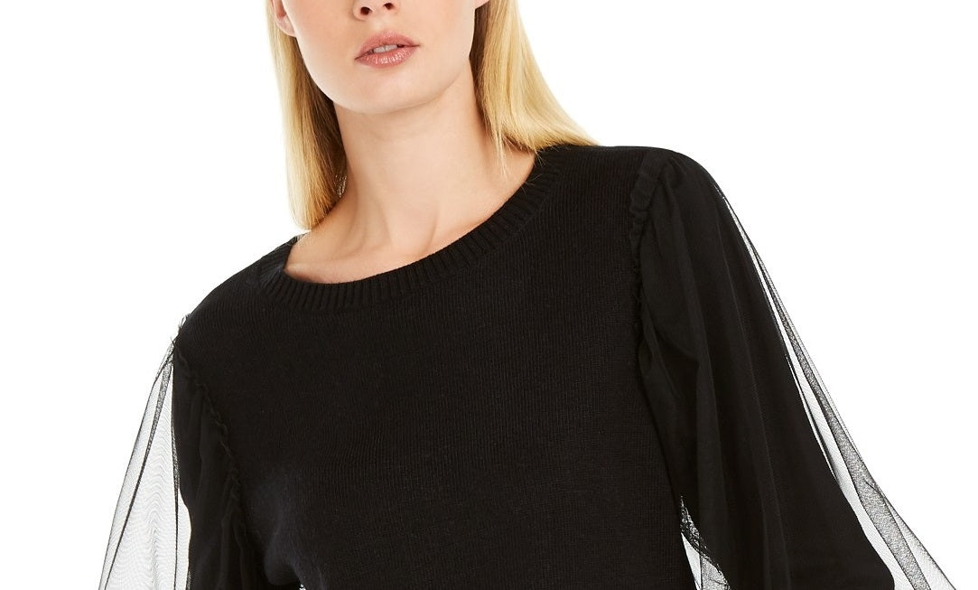 Suéter feminino de manga de tule INC International Concepts, preto, tamanho médio