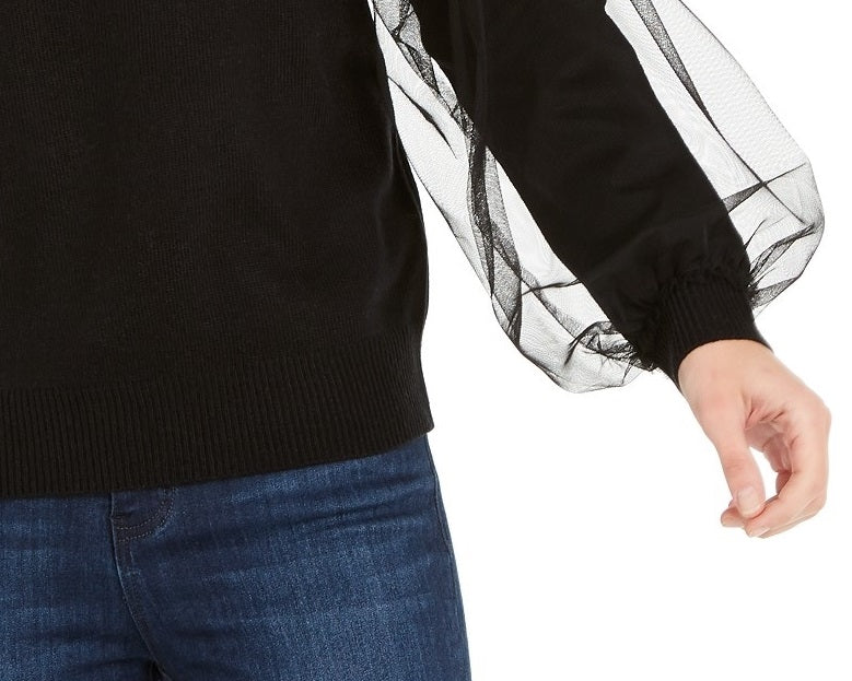 Suéter feminino de manga de tule INC International Concepts, preto, tamanho médio