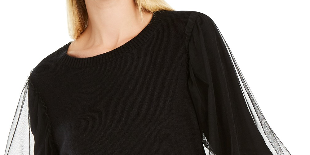Suéter feminino de manga de tule INC International Concepts, preto, tamanho extra pequeno